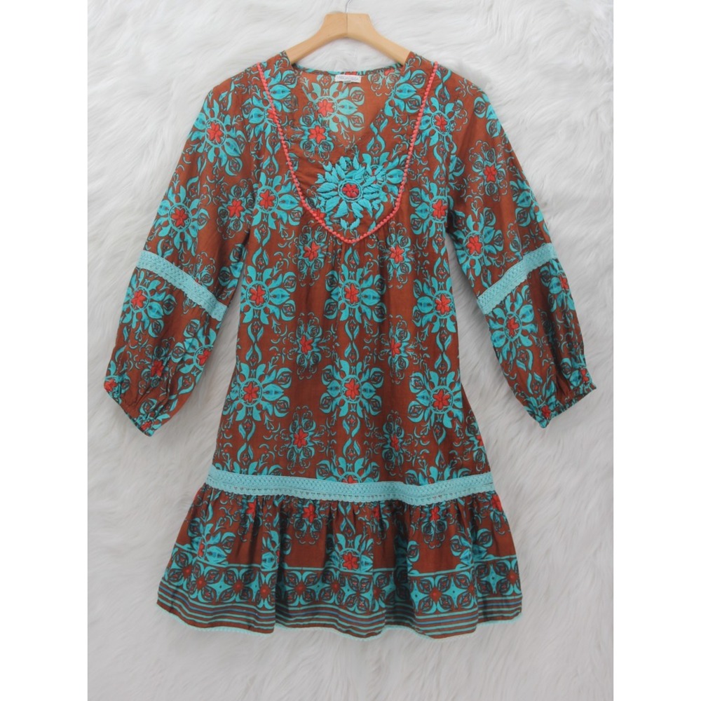 Modaposa Tunic Dress Teal Brown Orange S Boho Western Embroidered Festival